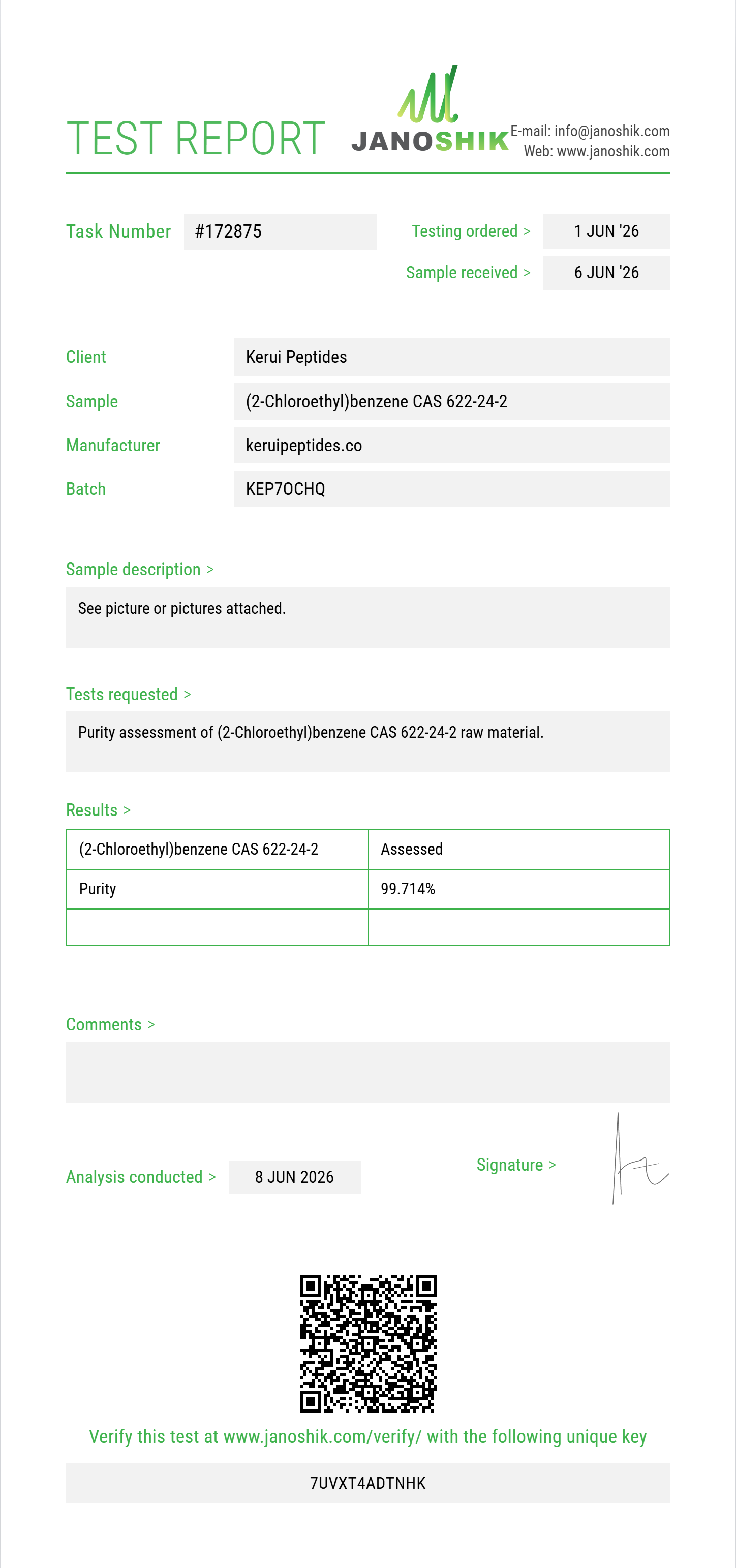(2-Chloroethyl)benzene CAS 622-24-2 Purity (HPLC) report by Janoshik Analytical