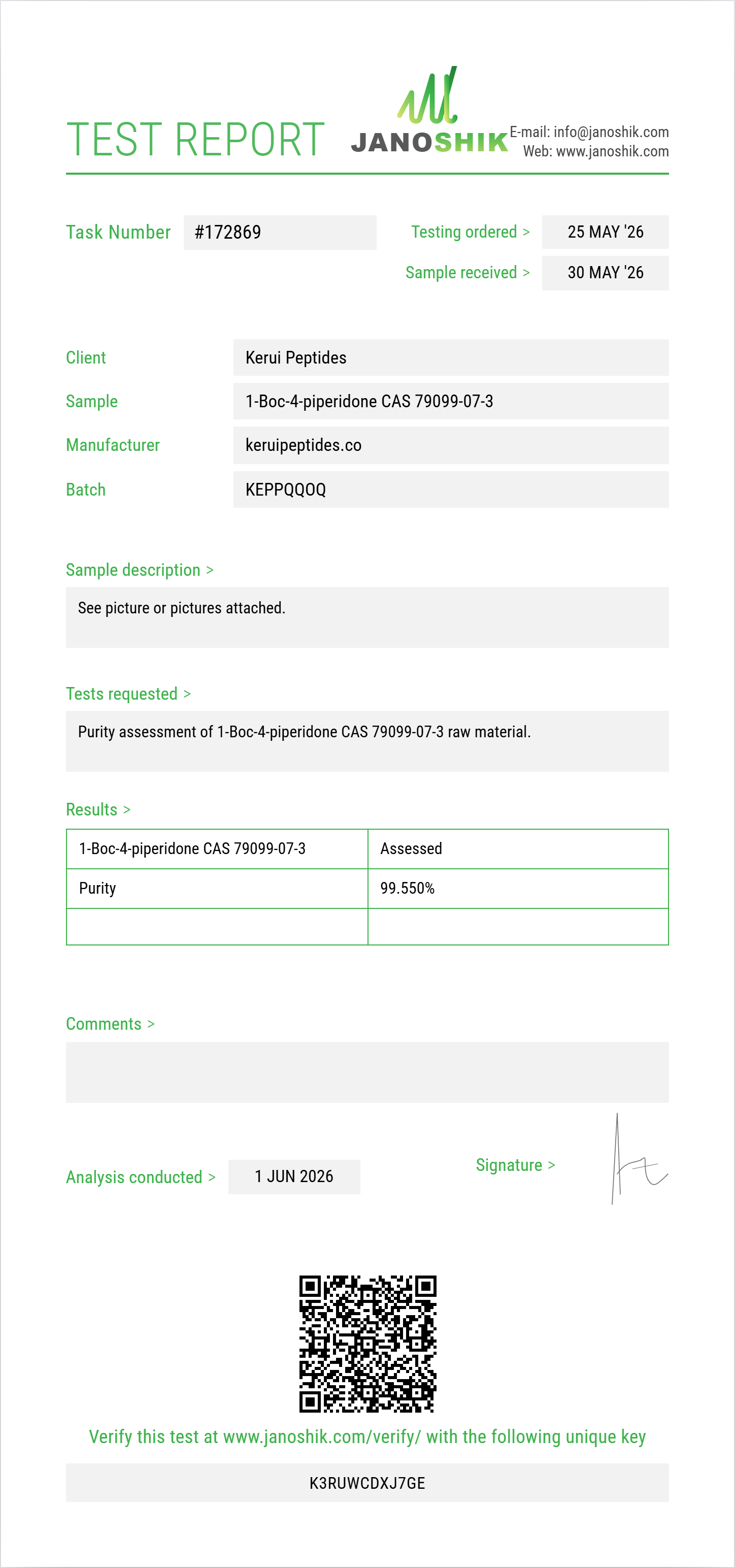 1-Boc-4-piperidone (tert-butyl 4-oxopiperidine-1-carboxylate) CAS 79099-07-3 Purity (HPLC) report by Janoshik Analytical