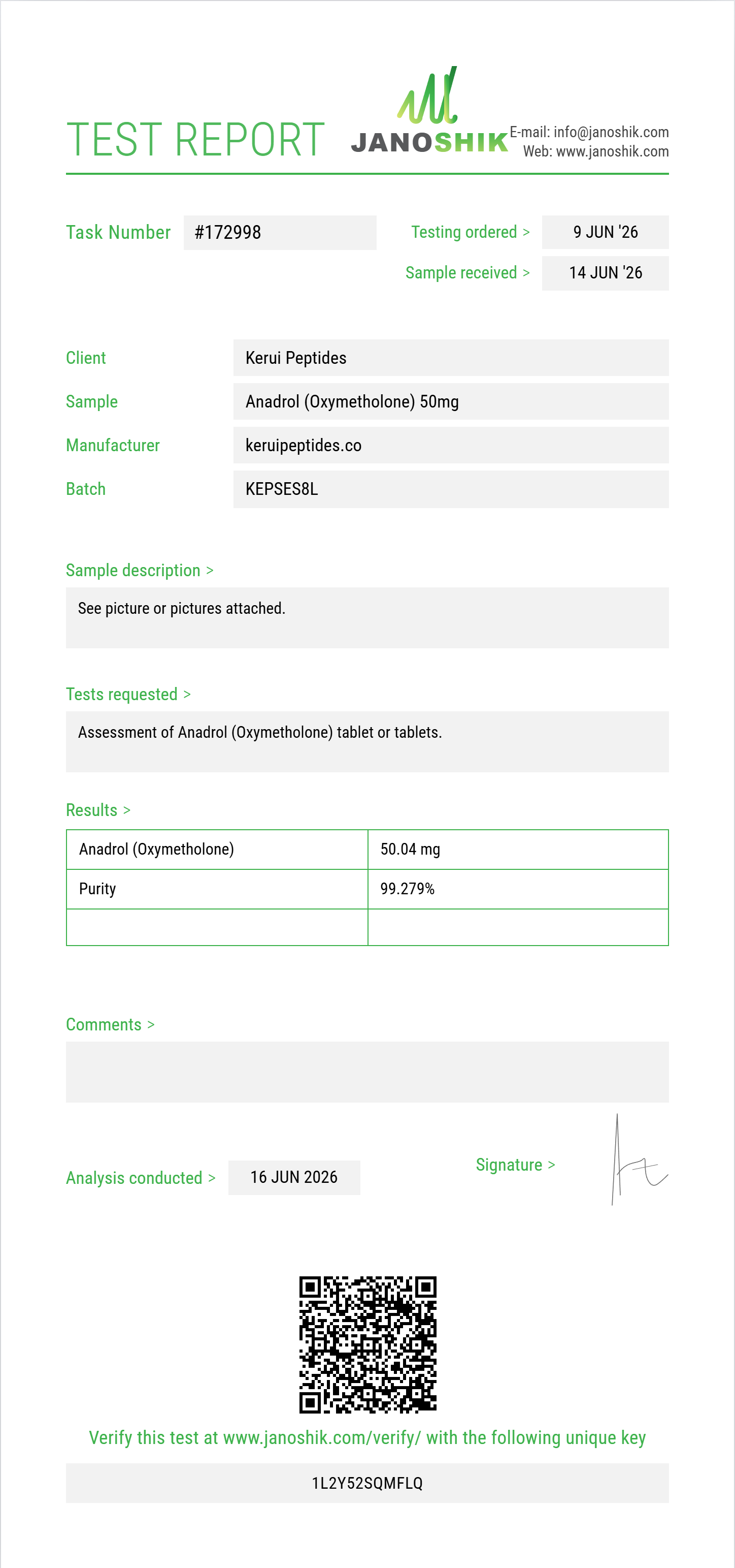 Anadrol (Oxymetholone) Purity (HPLC) report by Janoshik Analytical