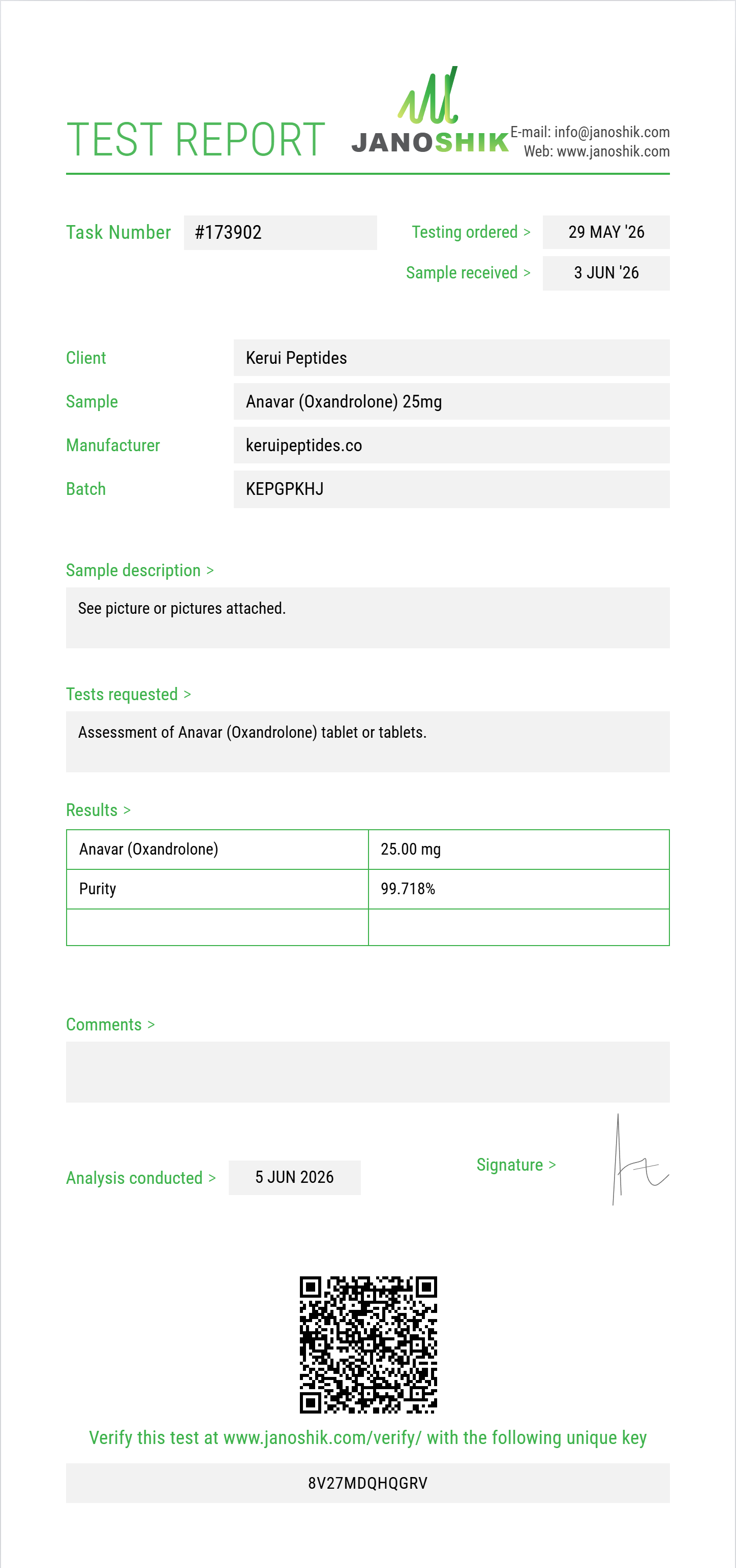 Anavar (Oxandrolone) Purity (HPLC) report by Janoshik Analytical