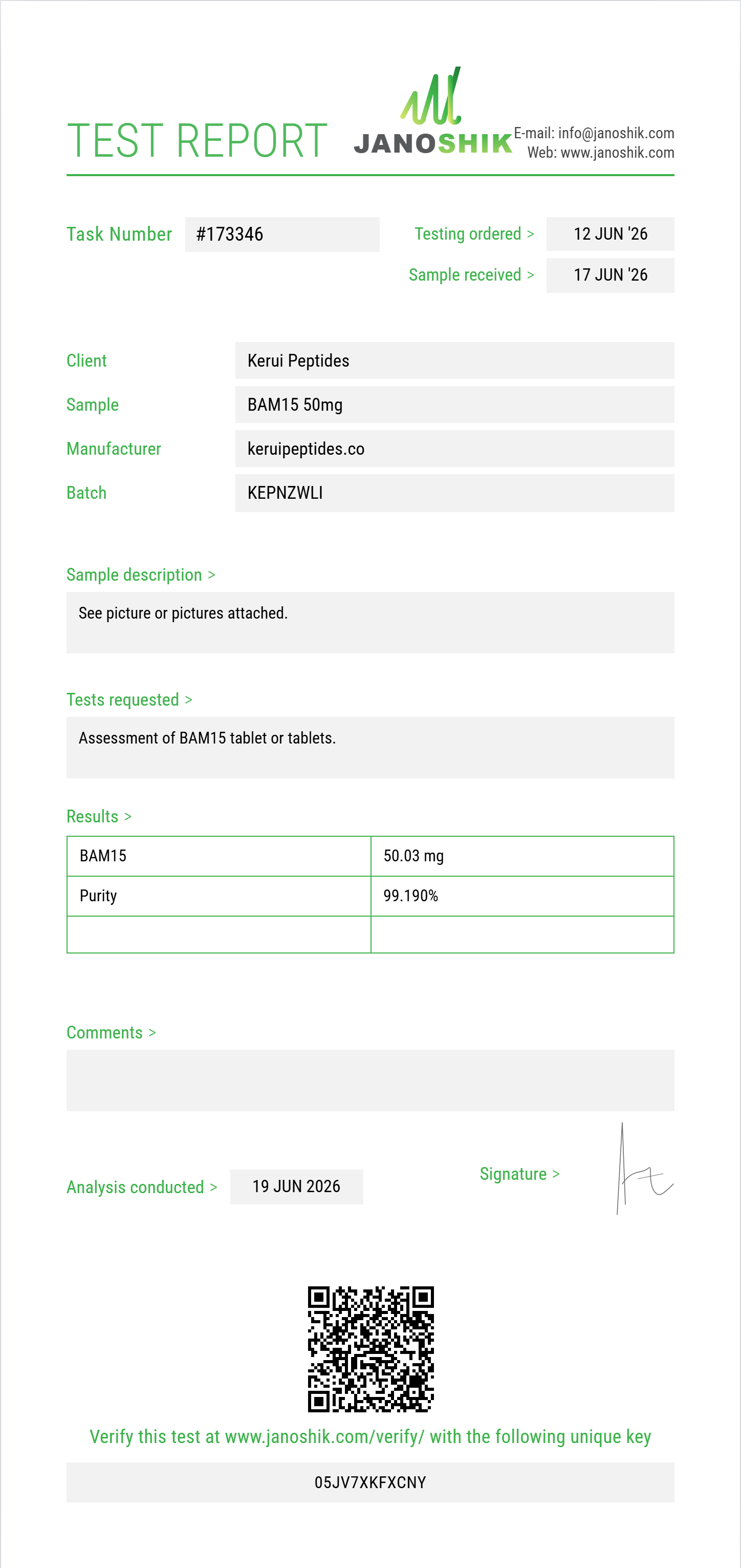 BAM15 Purity (HPLC) report by Janoshik Analytical