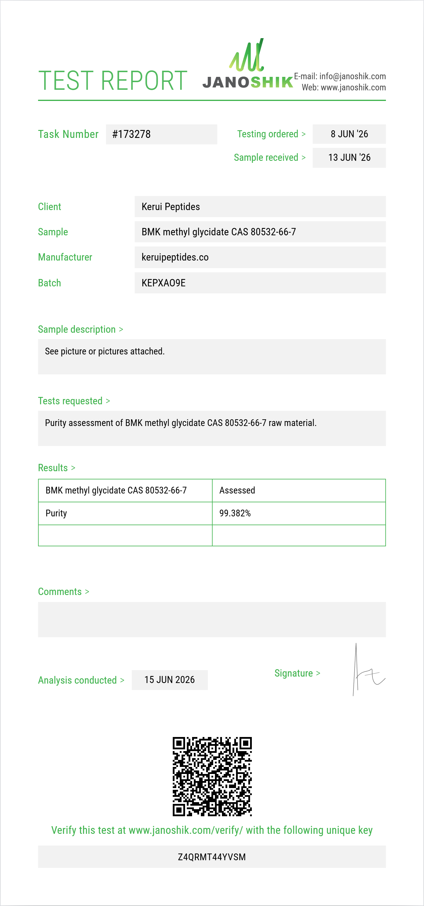 BMK methyl glycidate CAS 80532-66-7 Purity (HPLC) report by Janoshik Analytical