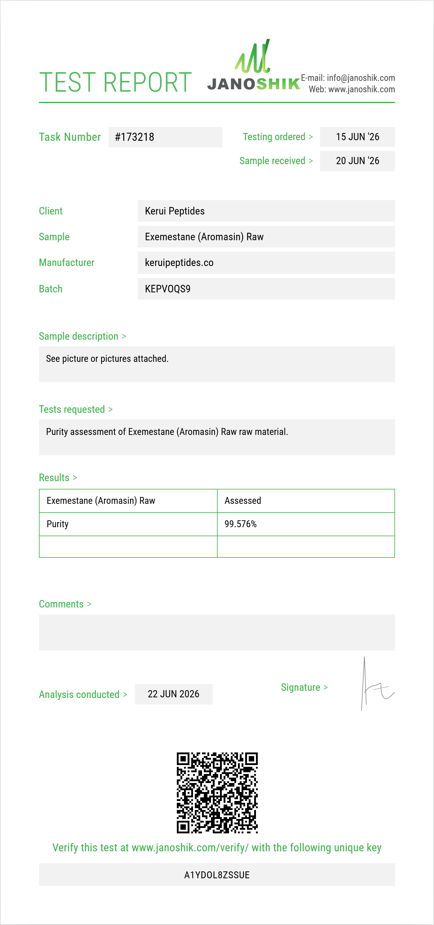 Exemestane (Aromasin) Raw Purity (HPLC) report by Janoshik Analytical