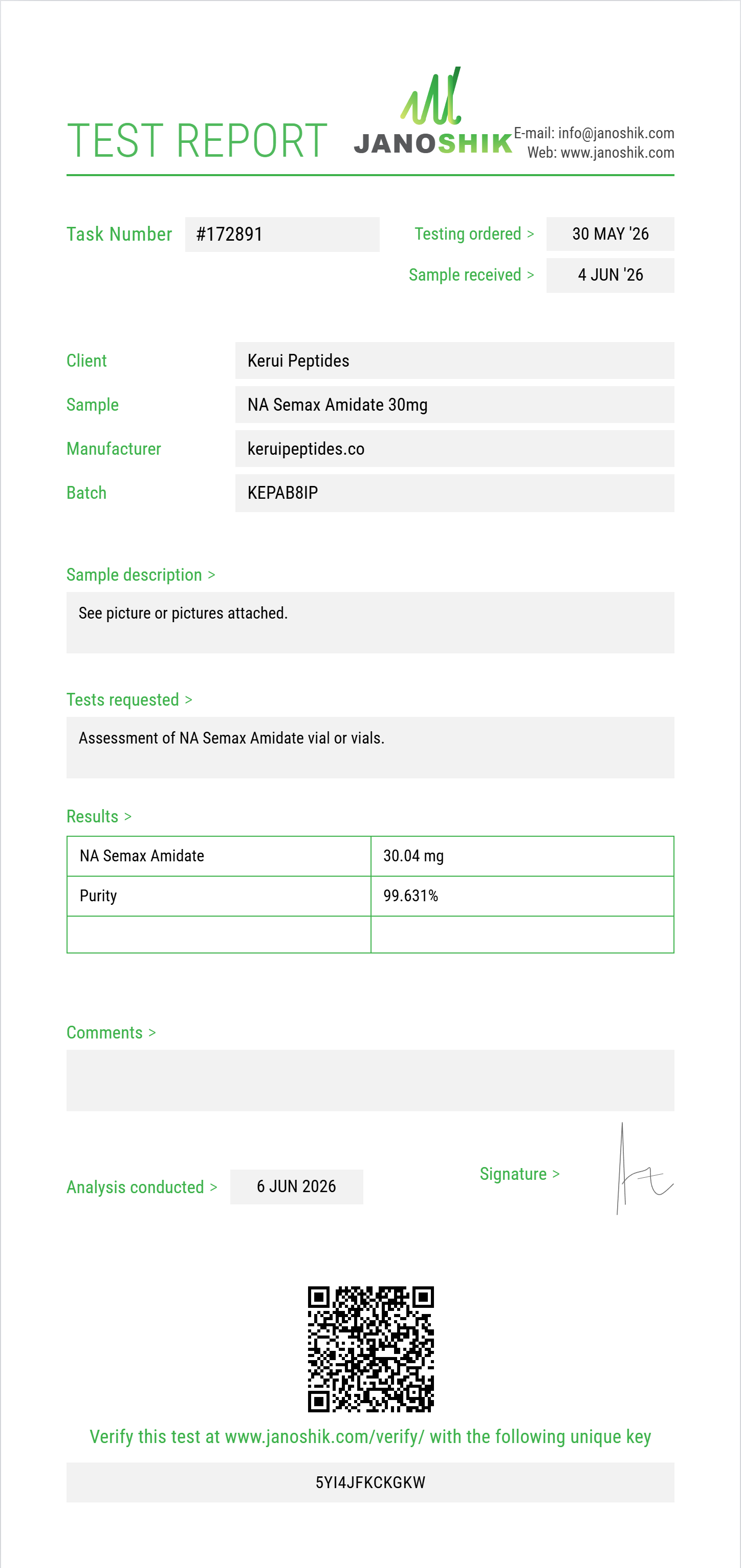 NA Semax Amidate Purity (HPLC) report by Janoshik Analytical