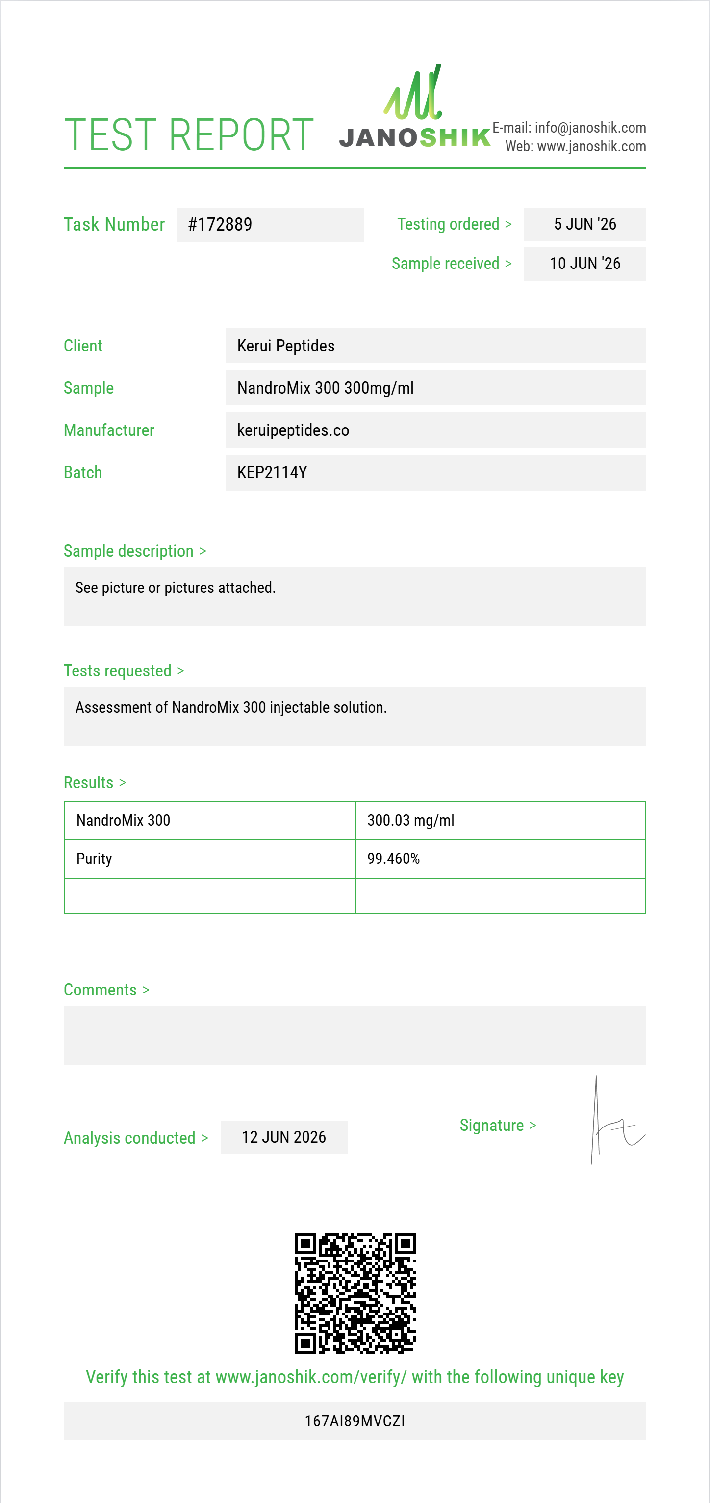 NandroMix 300 Purity (HPLC) report by Janoshik Analytical