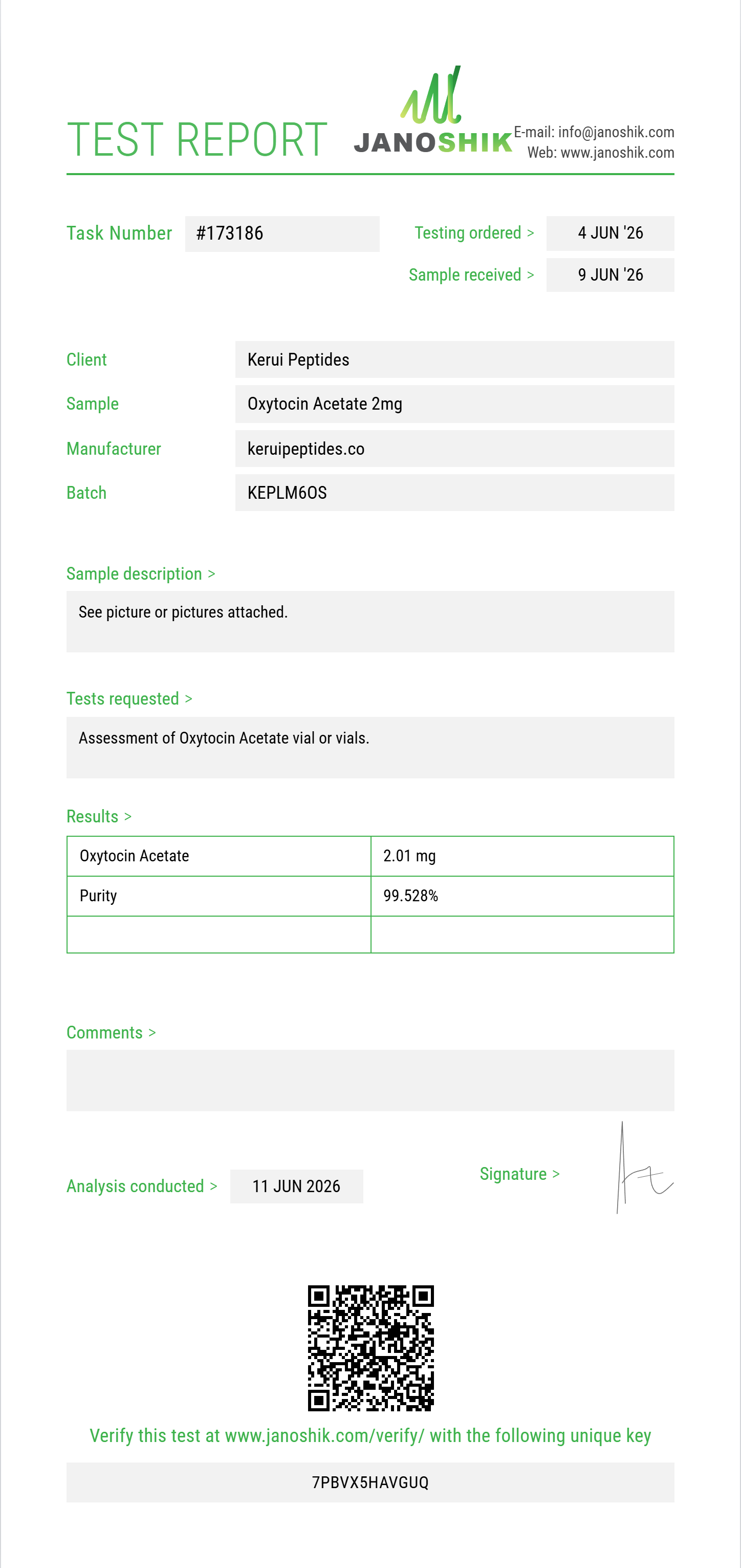 Oxytocin Acetate Purity (HPLC) report by Janoshik Analytical