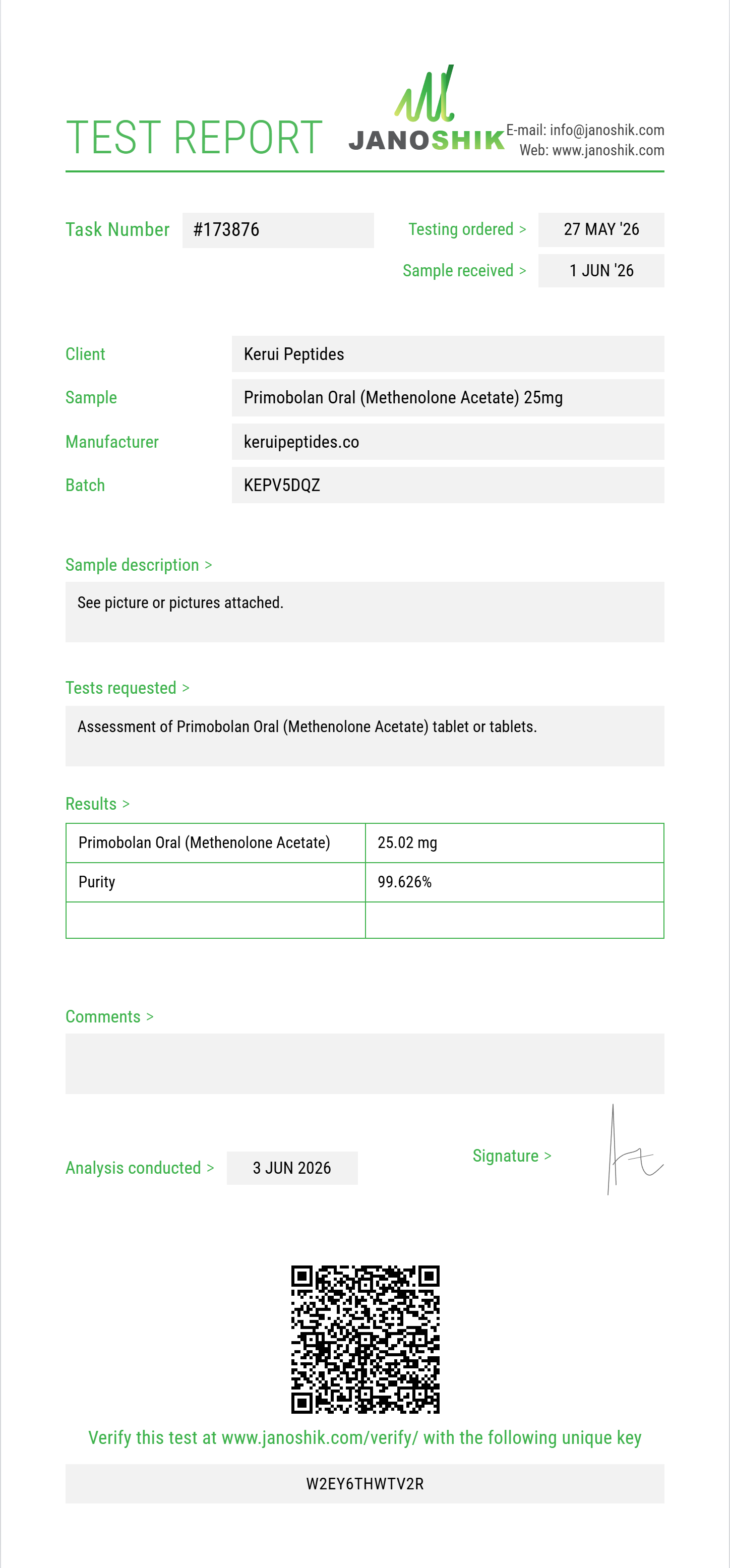 Primobolan Oral (Methenolone Acetate) Purity (HPLC) report by Janoshik Analytical