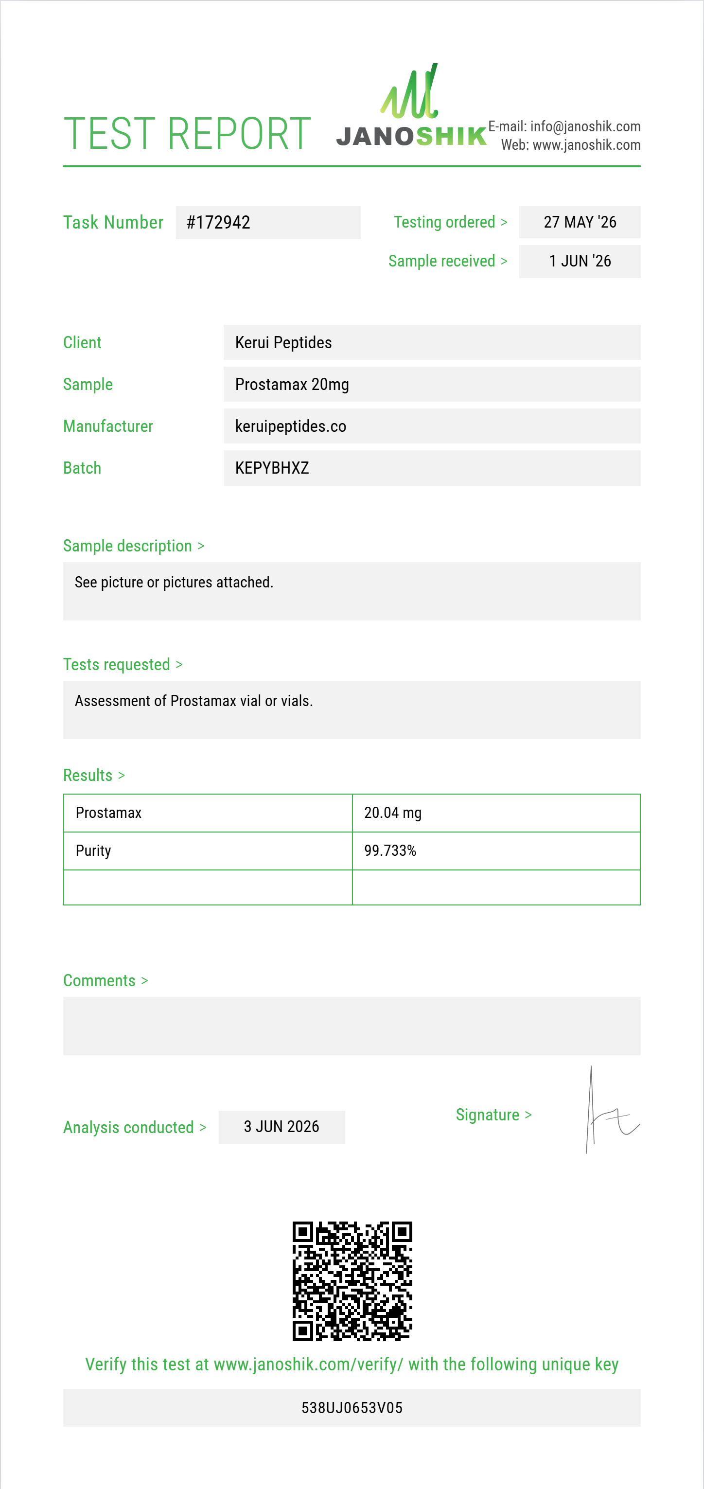 Prostamax Purity (HPLC) report by Janoshik Analytical