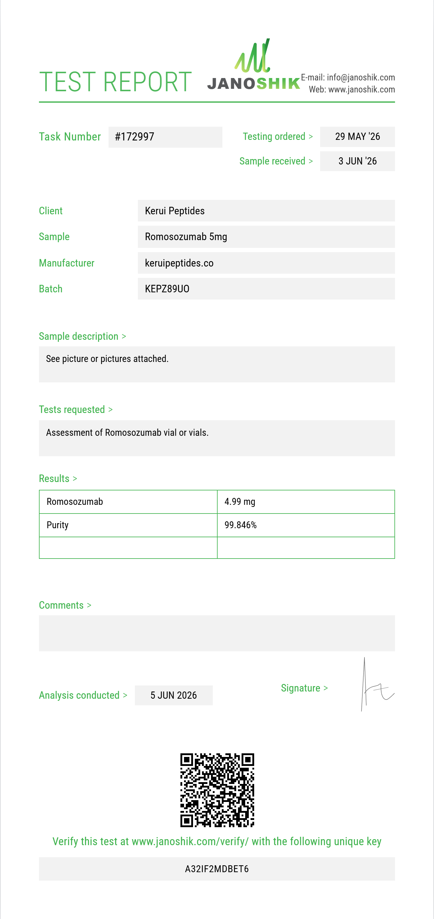 Romosozumab Purity (HPLC) report by Janoshik Analytical