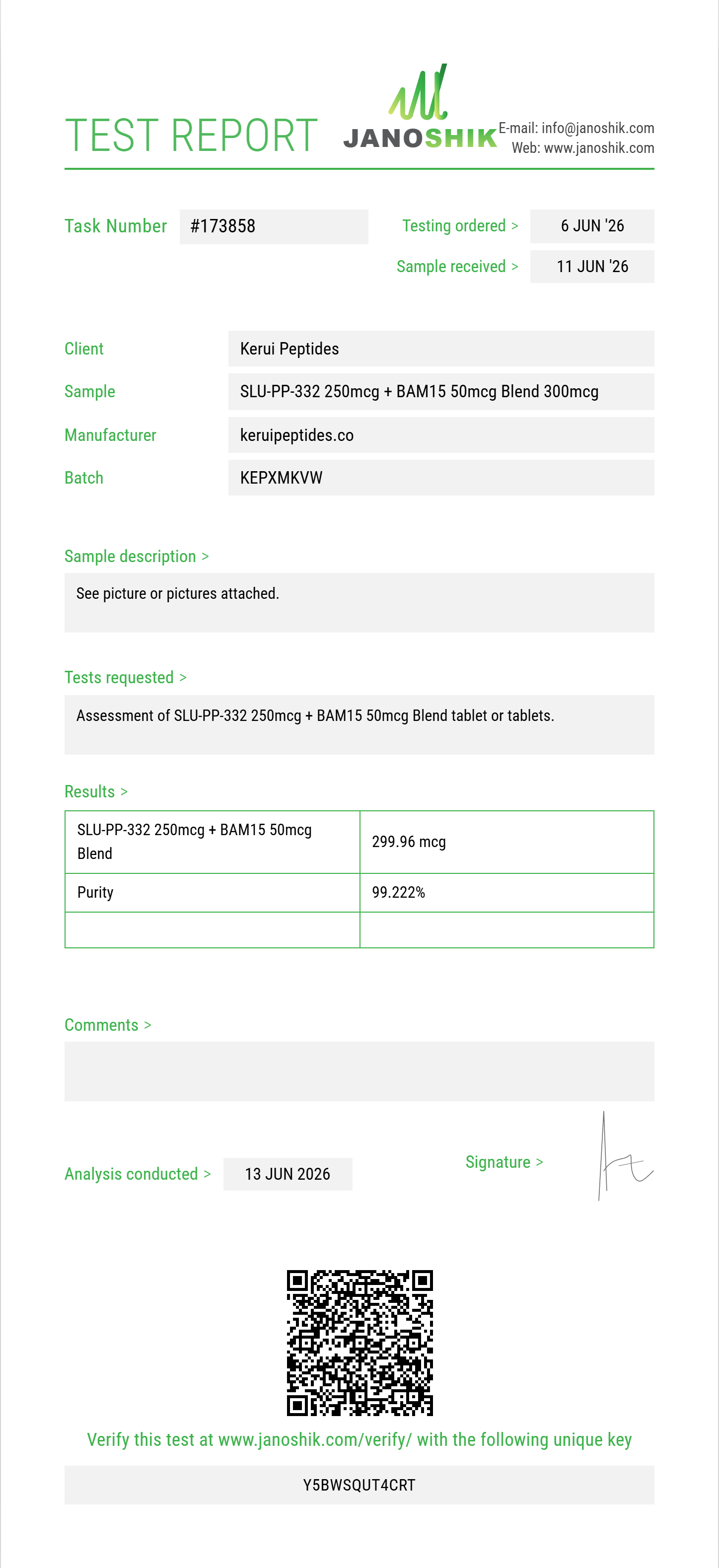 SLU-PP-332 250mcg + BAM15 50mcg Blend Purity (HPLC) report by Janoshik Analytical
