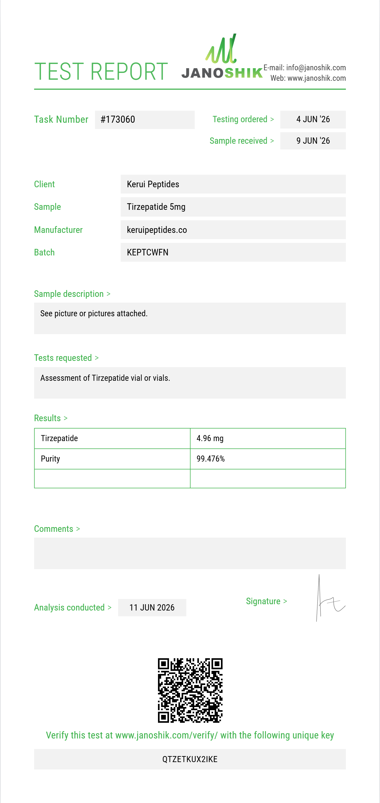 Tirzepatide Purity (HPLC) report by Janoshik Analytical