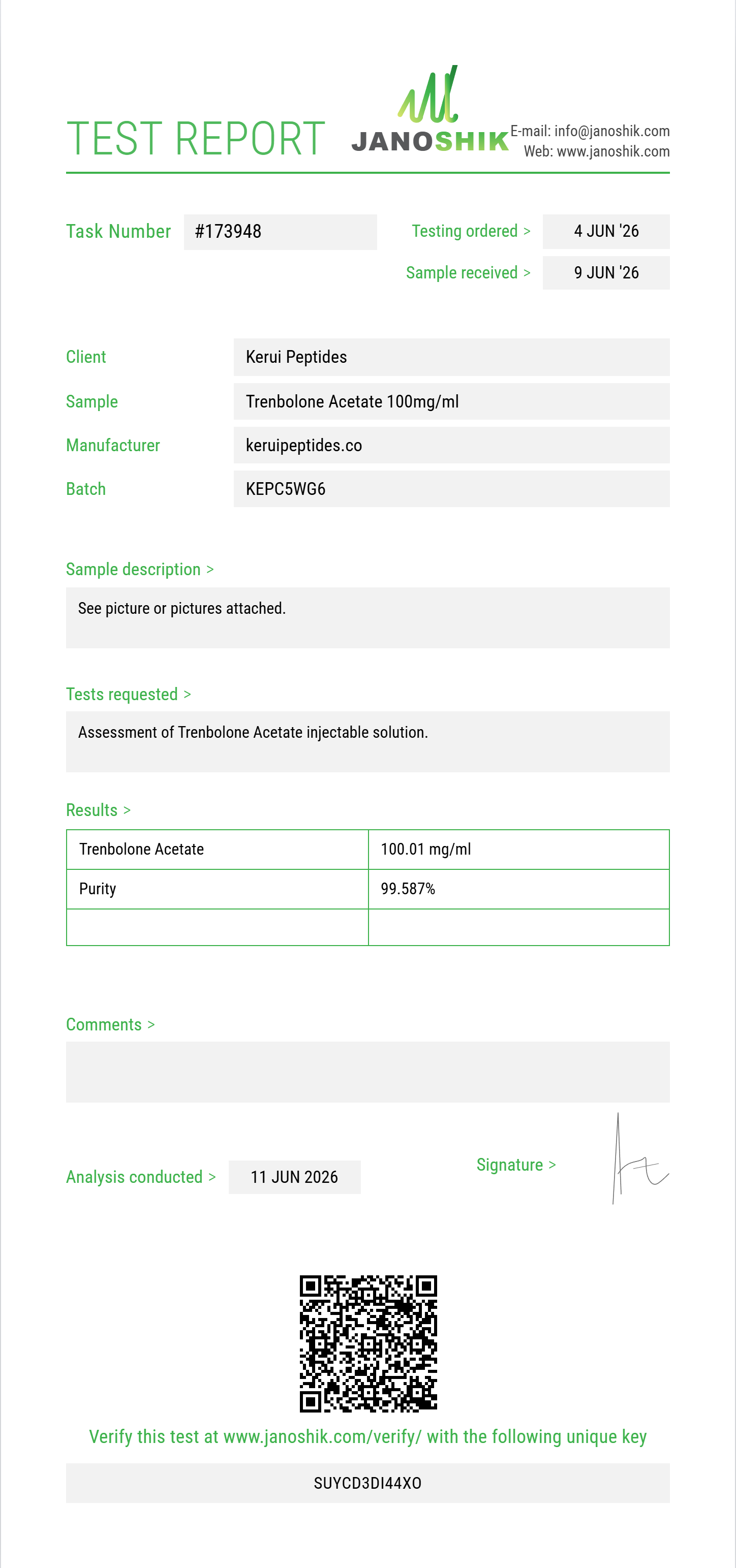 Trenbolone Acetate Purity (HPLC) report by Janoshik Analytical
