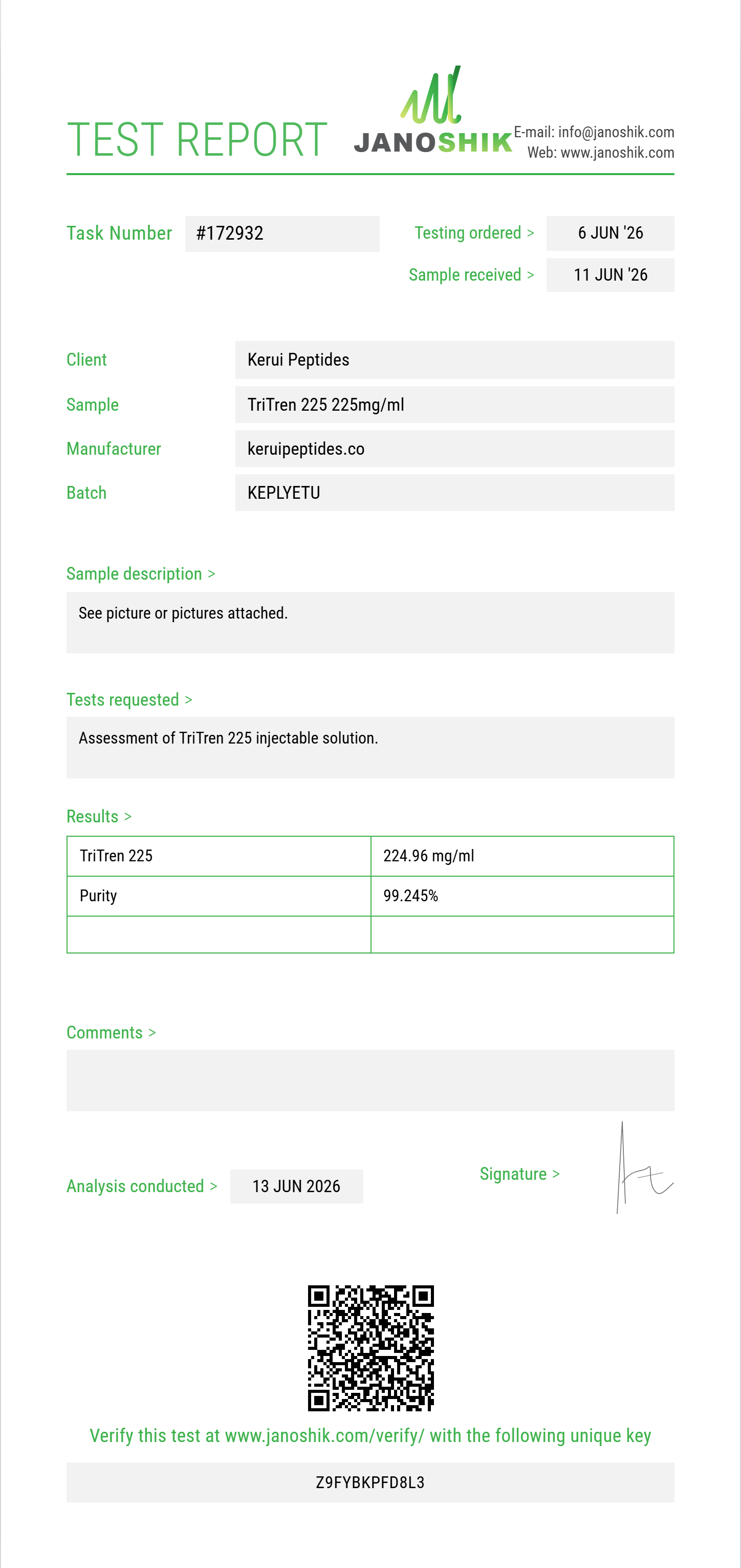 TriTren 225 Purity (HPLC) report by Janoshik Analytical