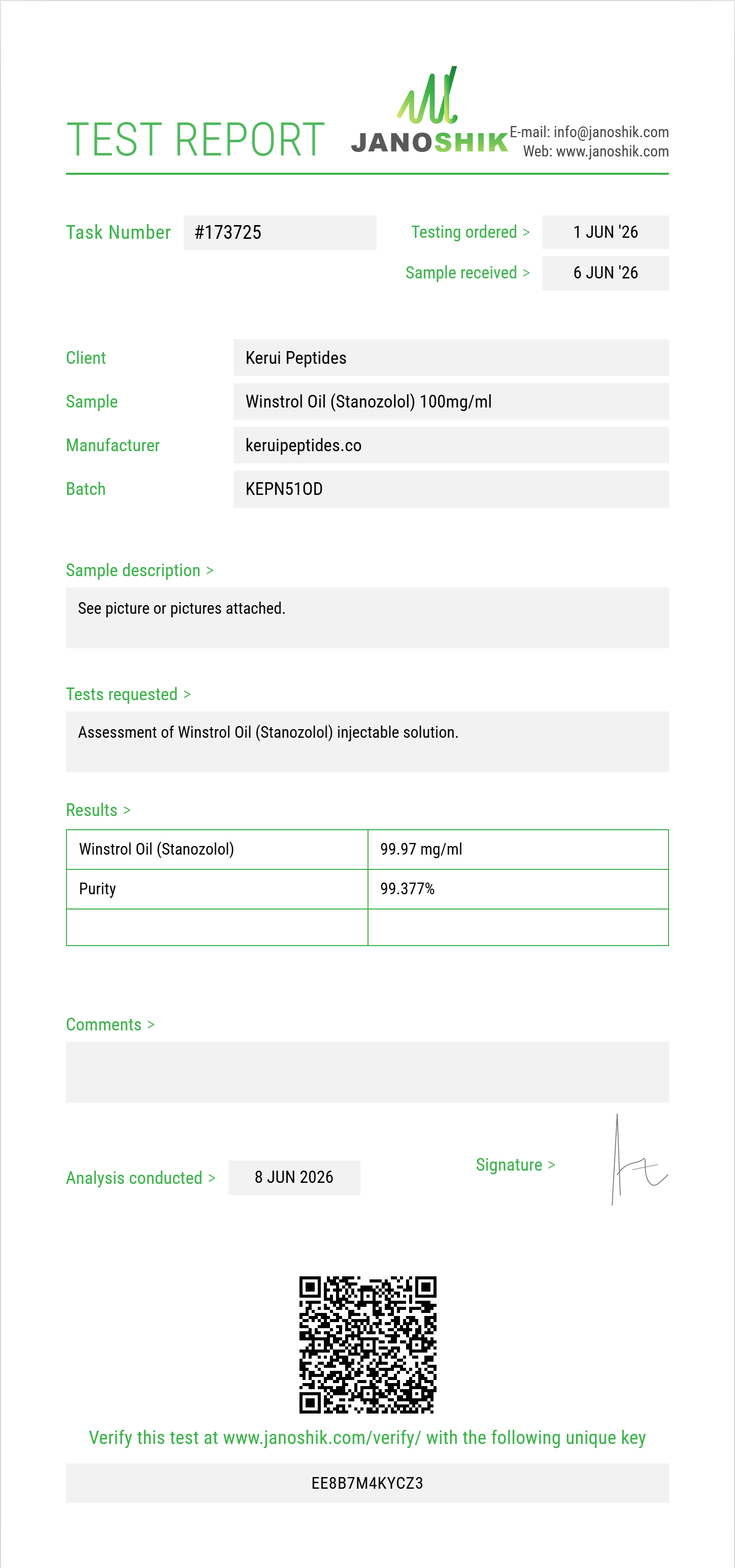Winstrol Oil (Stanozolol) Purity (HPLC) report by Janoshik Analytical