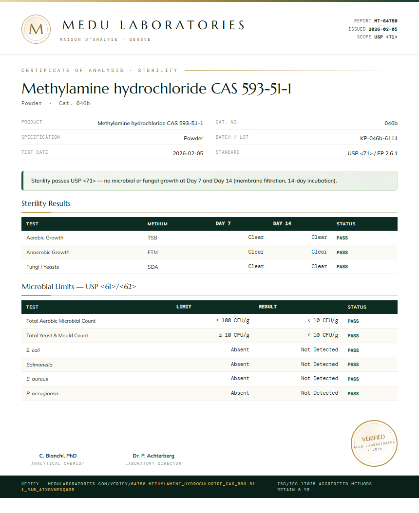 Methylamine hydrochloride CAS 593-51-1 Sterility report by Medu Laboratories