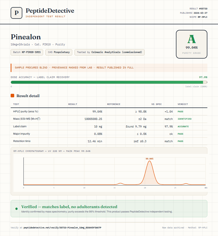 Pinealon Purity (HPLC) report by PeptideDetective