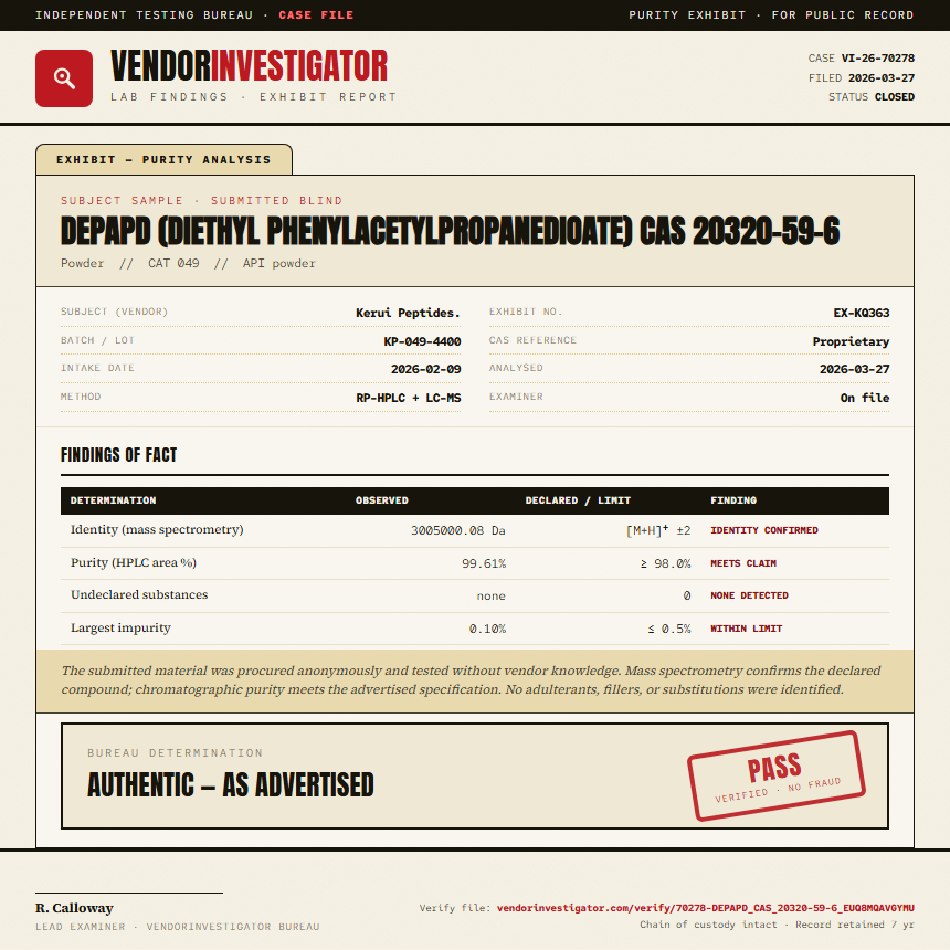 DEPAPD (diethyl phenylacetylpropanedioate) CAS 20320-59-6 Purity (HPLC) report by VendorInvestigator