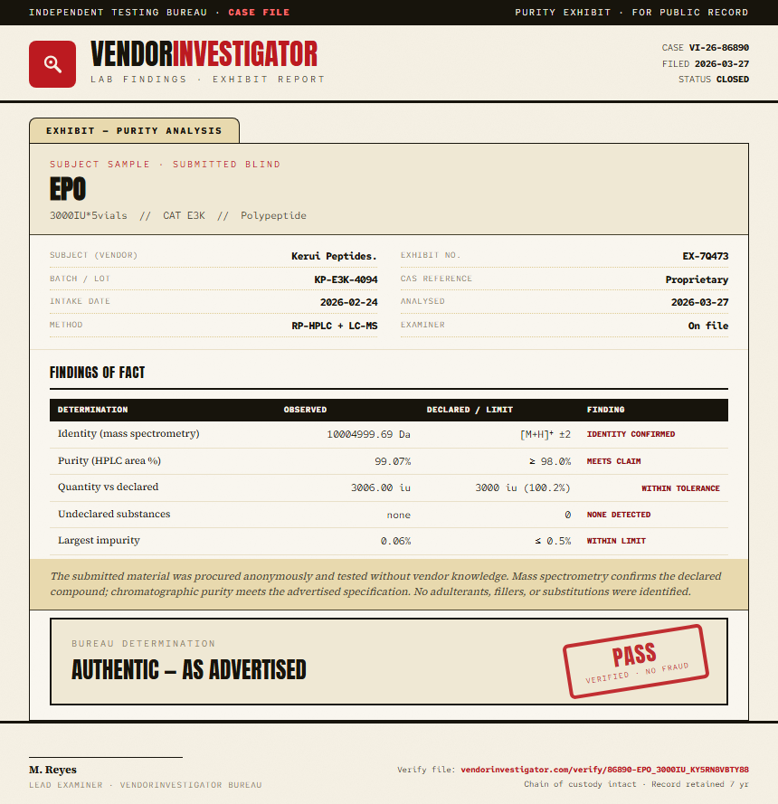 EPO Purity (HPLC) report by VendorInvestigator