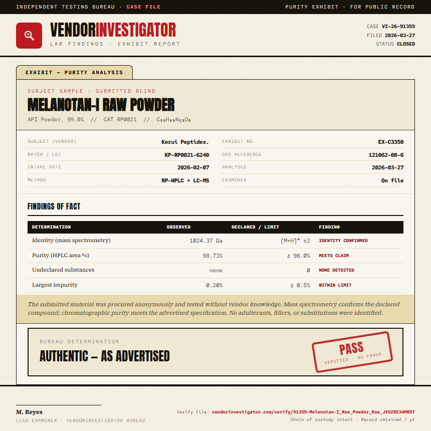 Melanotan-I Raw Powder Purity (HPLC) report by VendorInvestigator