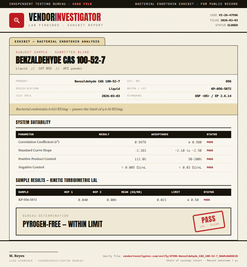 Benzaldehyde CAS 100-52-7 Endotoxin report by VendorInvestigator