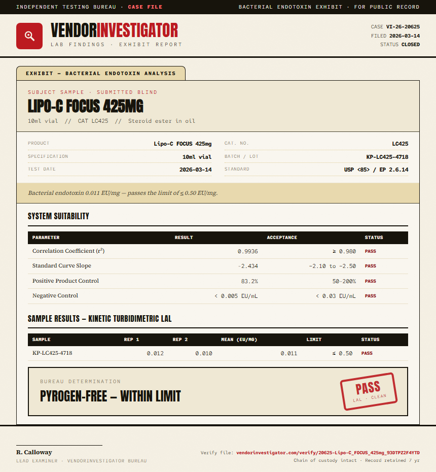 Lipo-C FOCUS 425mg Endotoxin report by VendorInvestigator