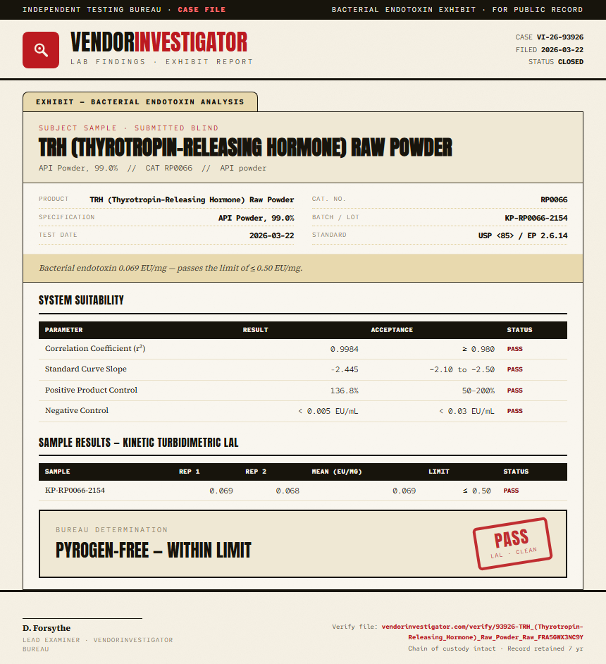 TRH (Thyrotropin-Releasing Hormone) Raw Powder Endotoxin report by VendorInvestigator